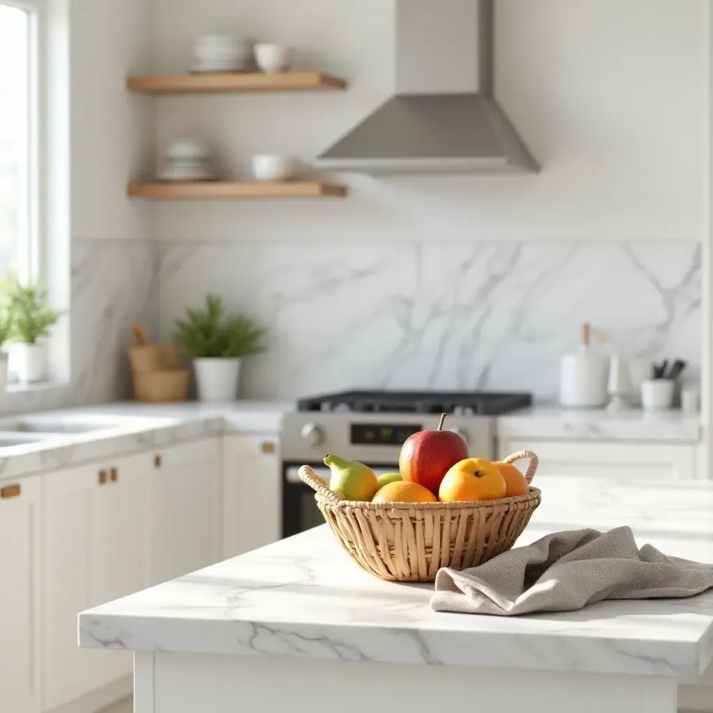 a photo of a countertop with a modern fruit basket and stylish kitchen linens