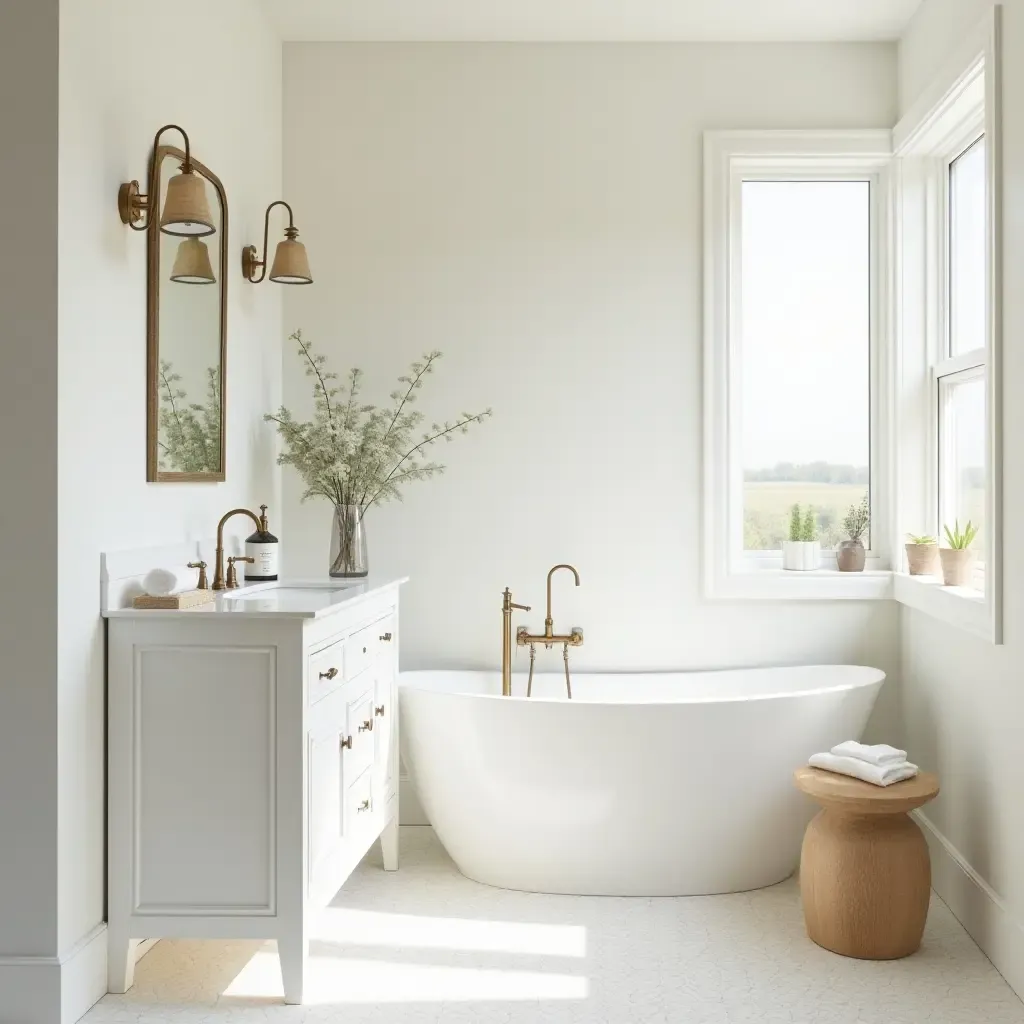 a photo of a serene bathroom with a farmhouse-style color scheme