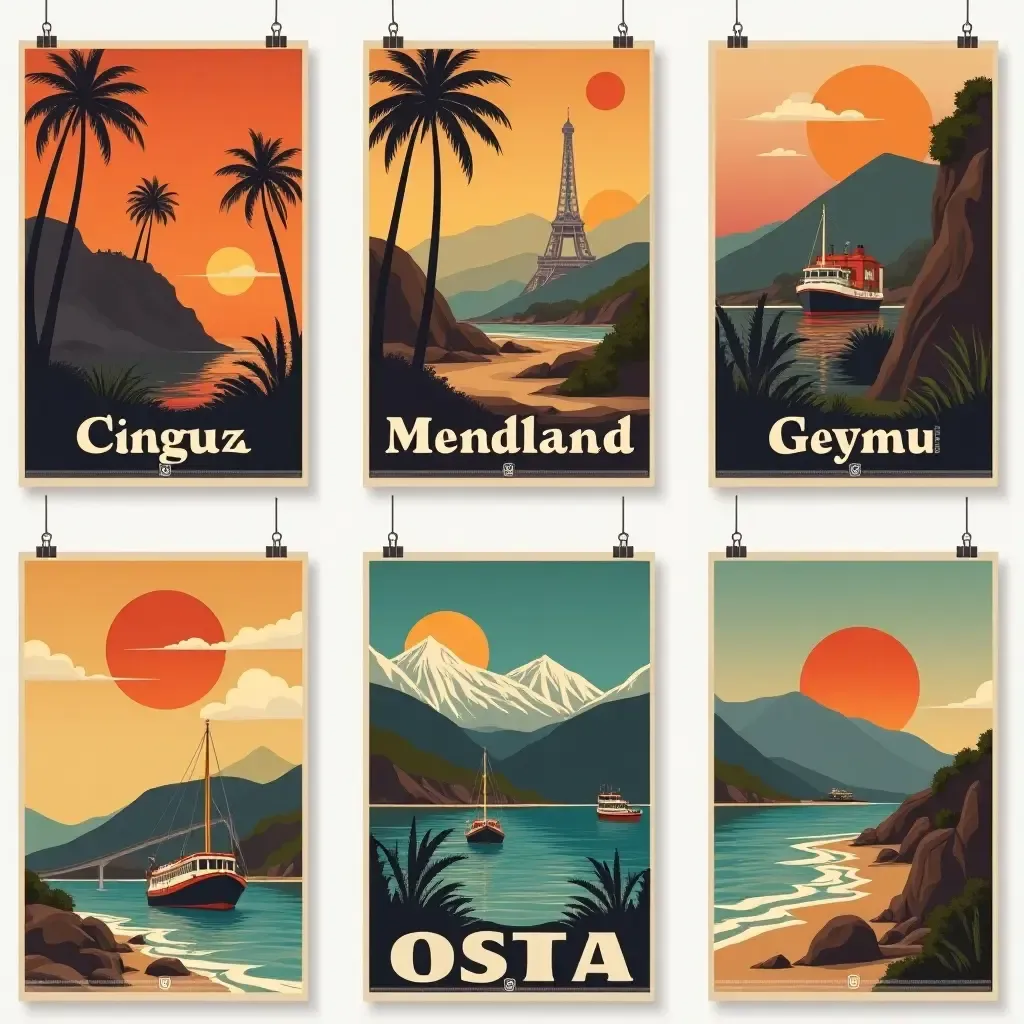 a photo of a series of vintage travel posters