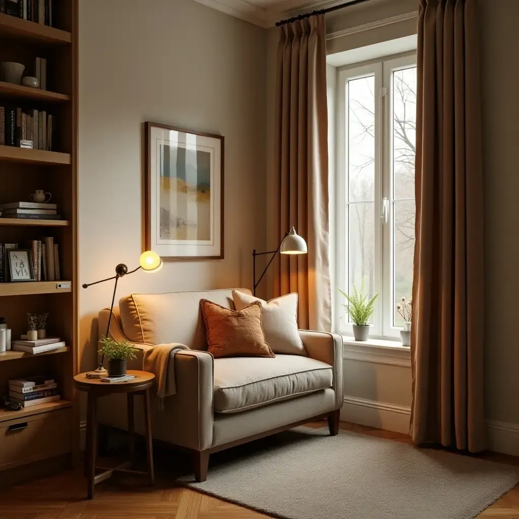 a photo of a reading nook featuring a comfy loveseat and side lamp