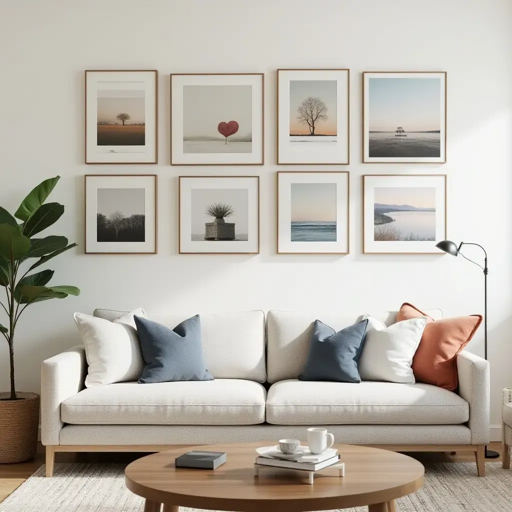 a photo of a living room showcasing a gallery wall of farmhouse-inspired art