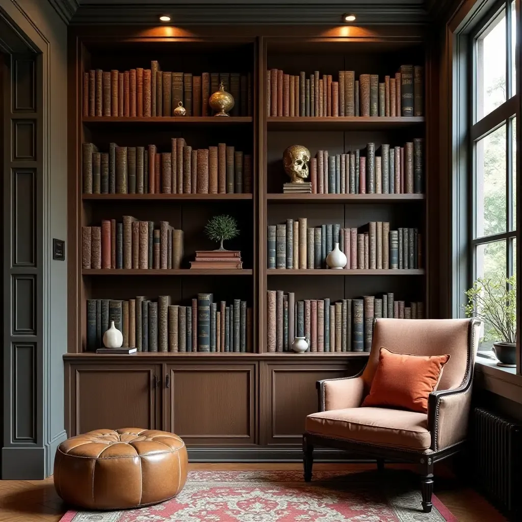 a photo of a themed bookshelf showcasing fantasy novels and related decor