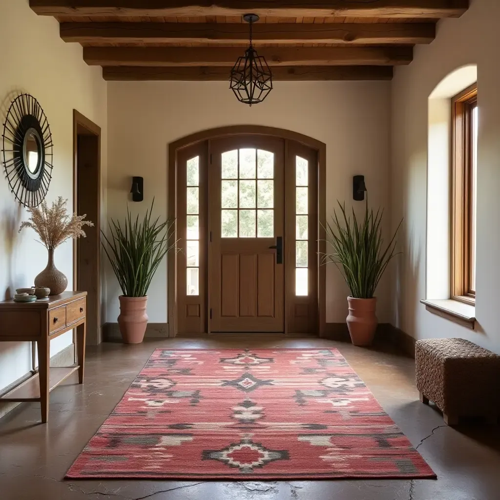 a photo of a vibrant southwestern rug enhancing a rustic entryway