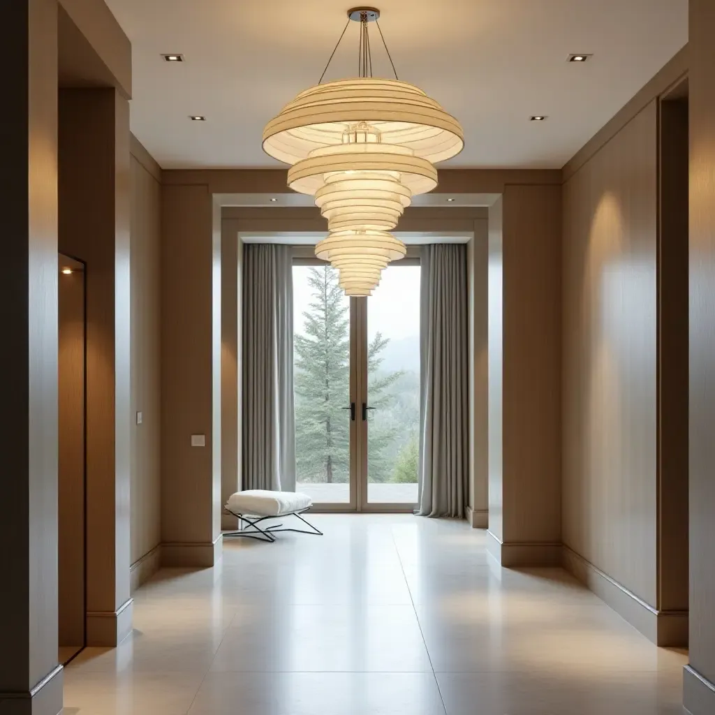 a photo of a stylish entrance hall with layered pendant lighting