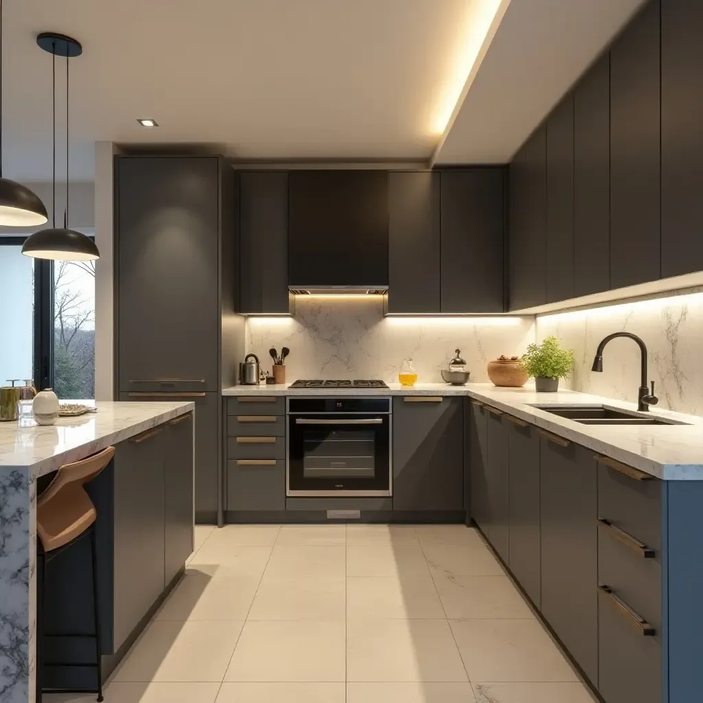 a photo of a sleek basement kitchen with modern appliances and open layout