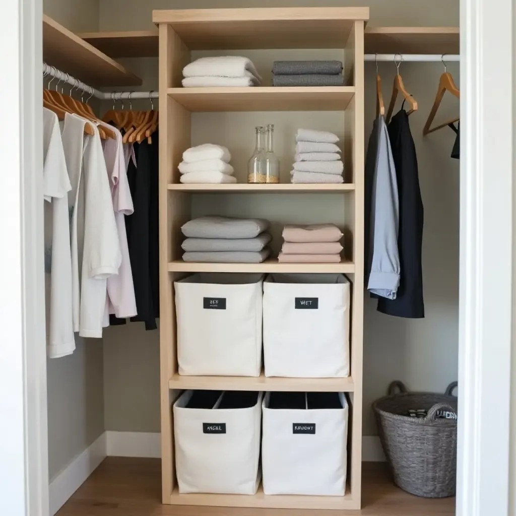 a photo of a creative closet organization system with labeled bins