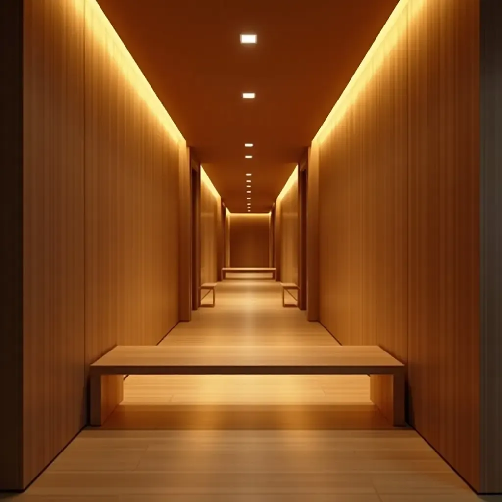 a photo of a wooden bench in a corridor with warm lighting