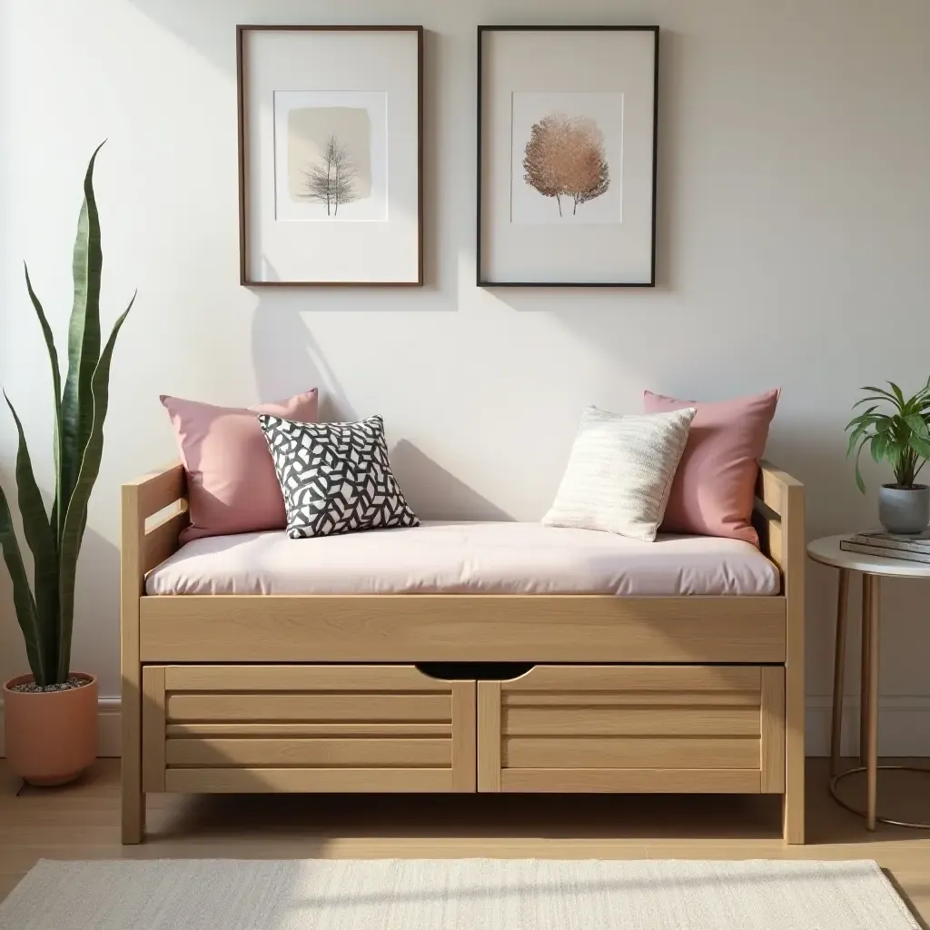 a photo of a wooden storage bench in a stylish teen&#x27;s room