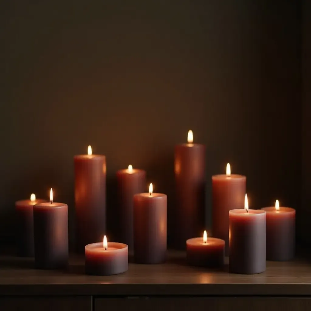 a photo of a collection of dark-hued candles arranged on a dresser