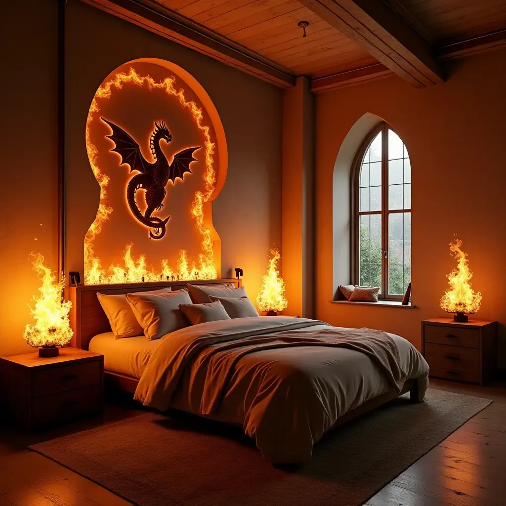 a photo of a fantasy dragon-themed bedroom with fire and scales