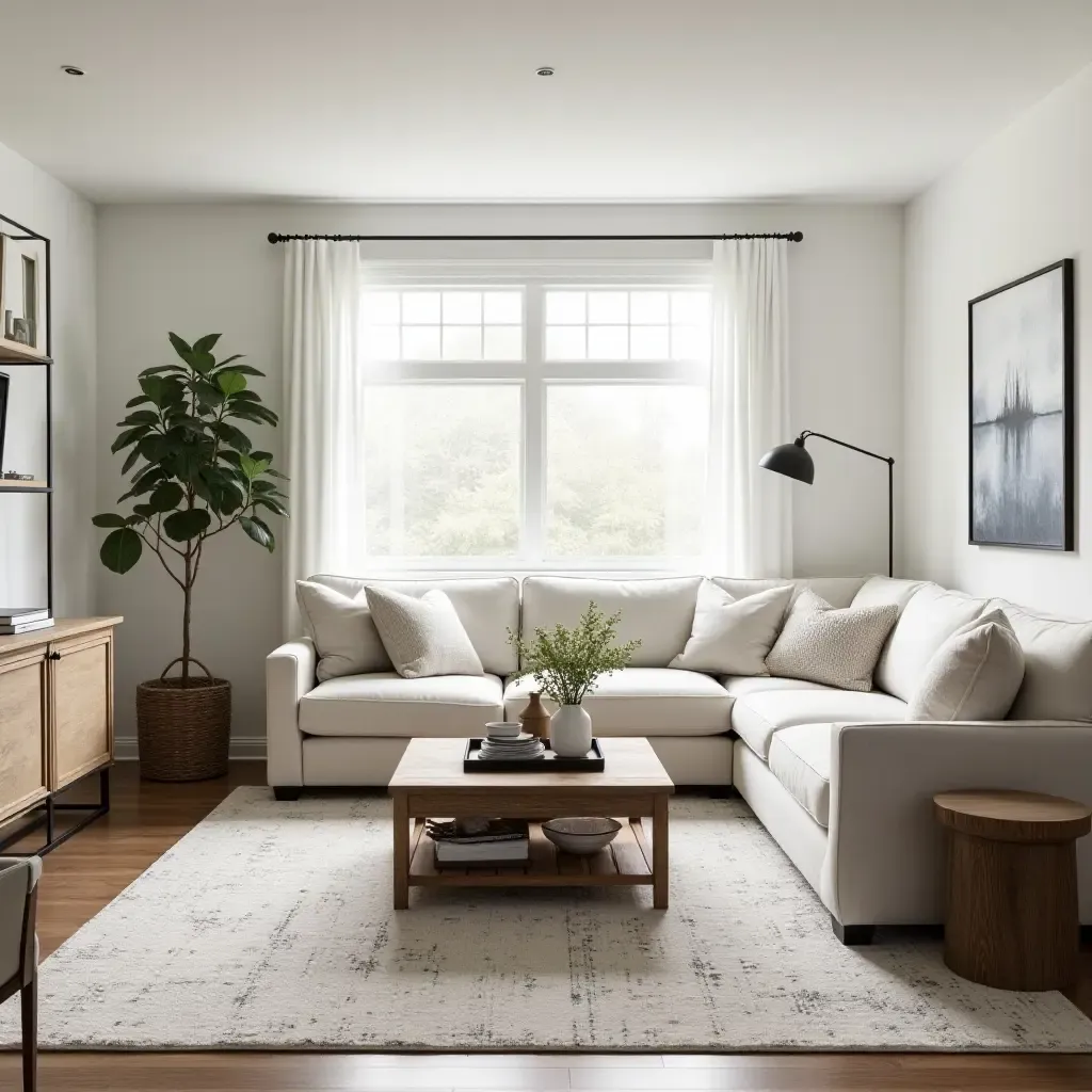 a photo of a farmhouse living room with a large area rug and comfortable seating