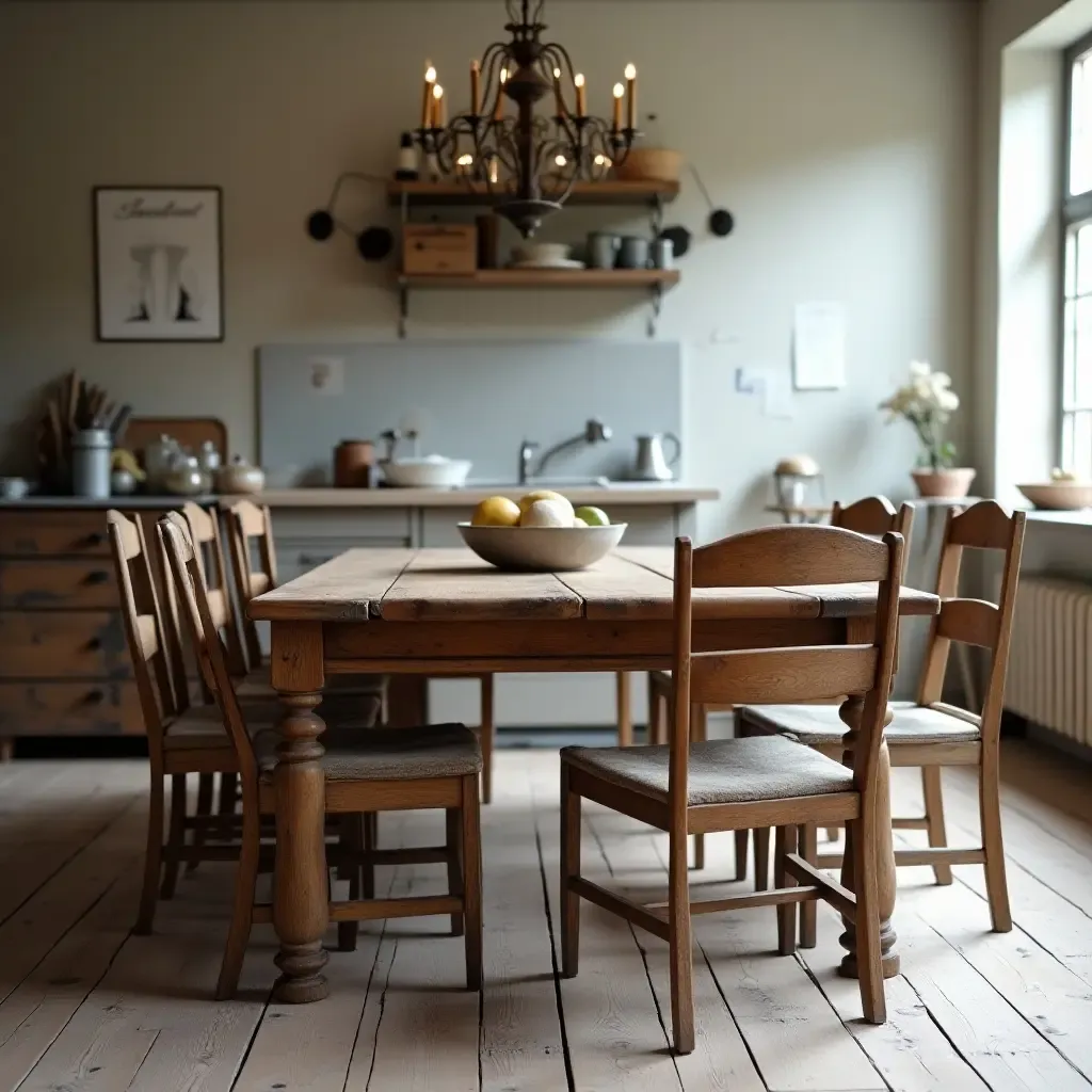 a photo of a rustic wooden kitchen table surrounded by vintage chairs