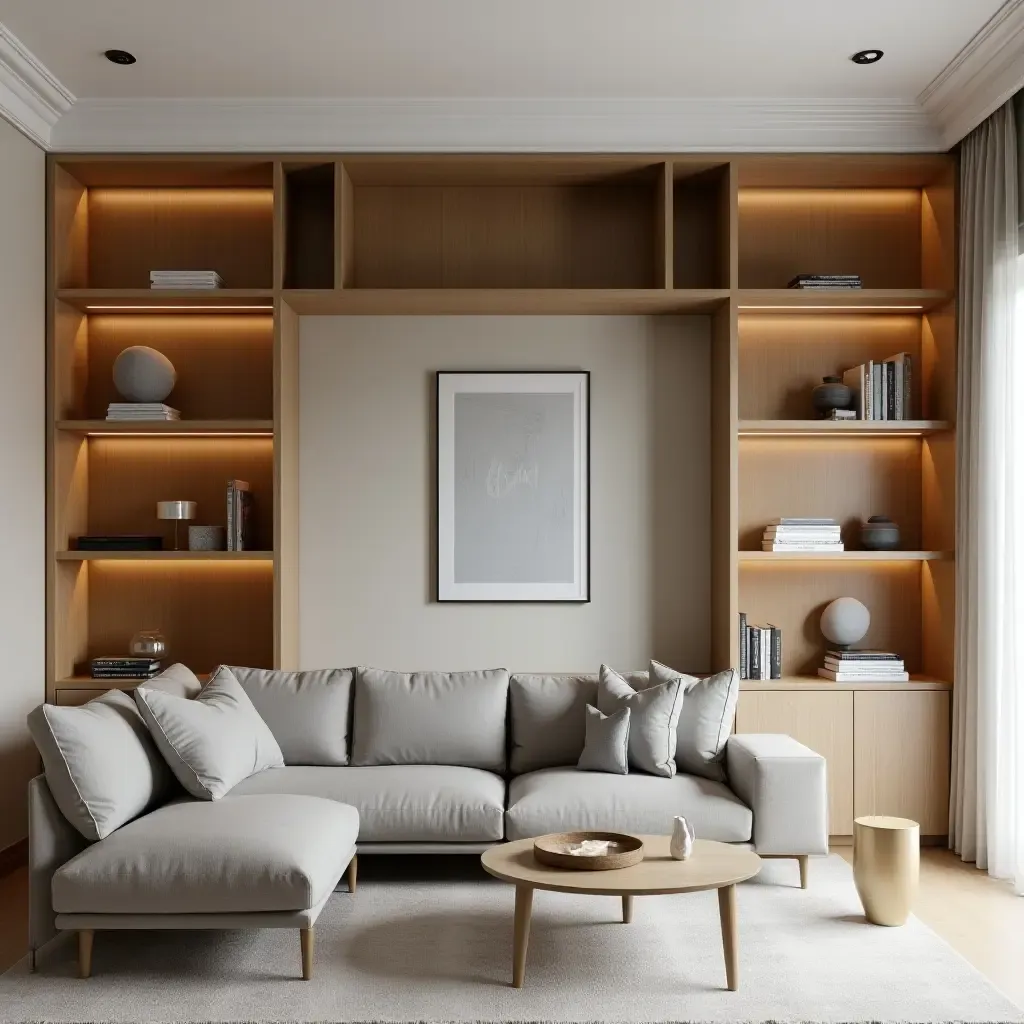 a photo of a contemporary built-in bookcase with geometric shelving