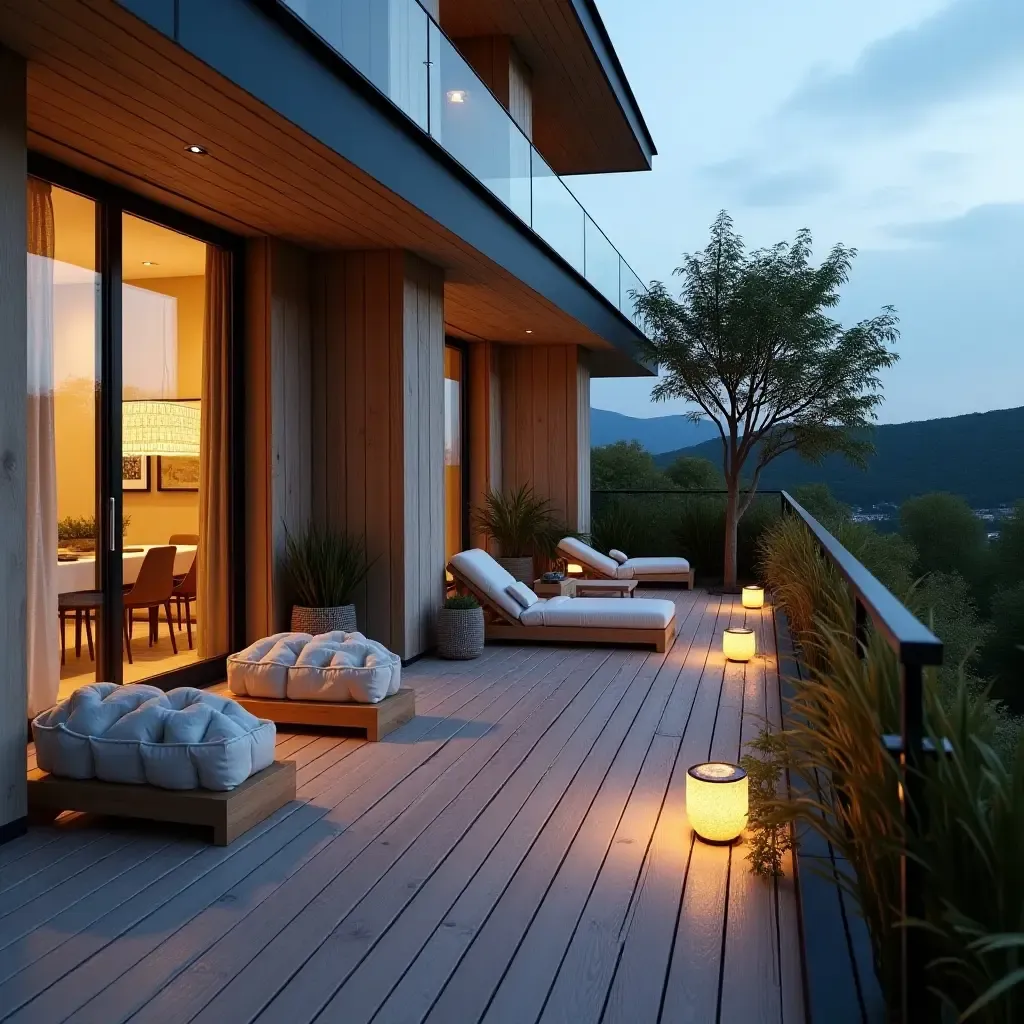 a photo of a contemporary balcony with eco-friendly furniture and solar lights