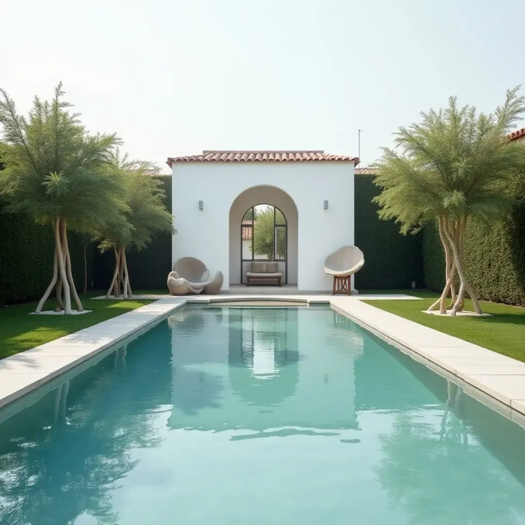 a photo of a tranquil pool surrounded by minimalist sculptures and greenery