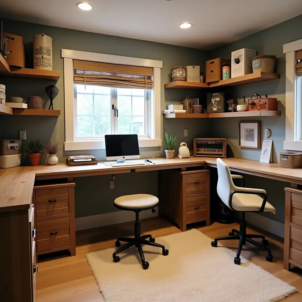 a photo of a basement craft room with organized supplies and workspace