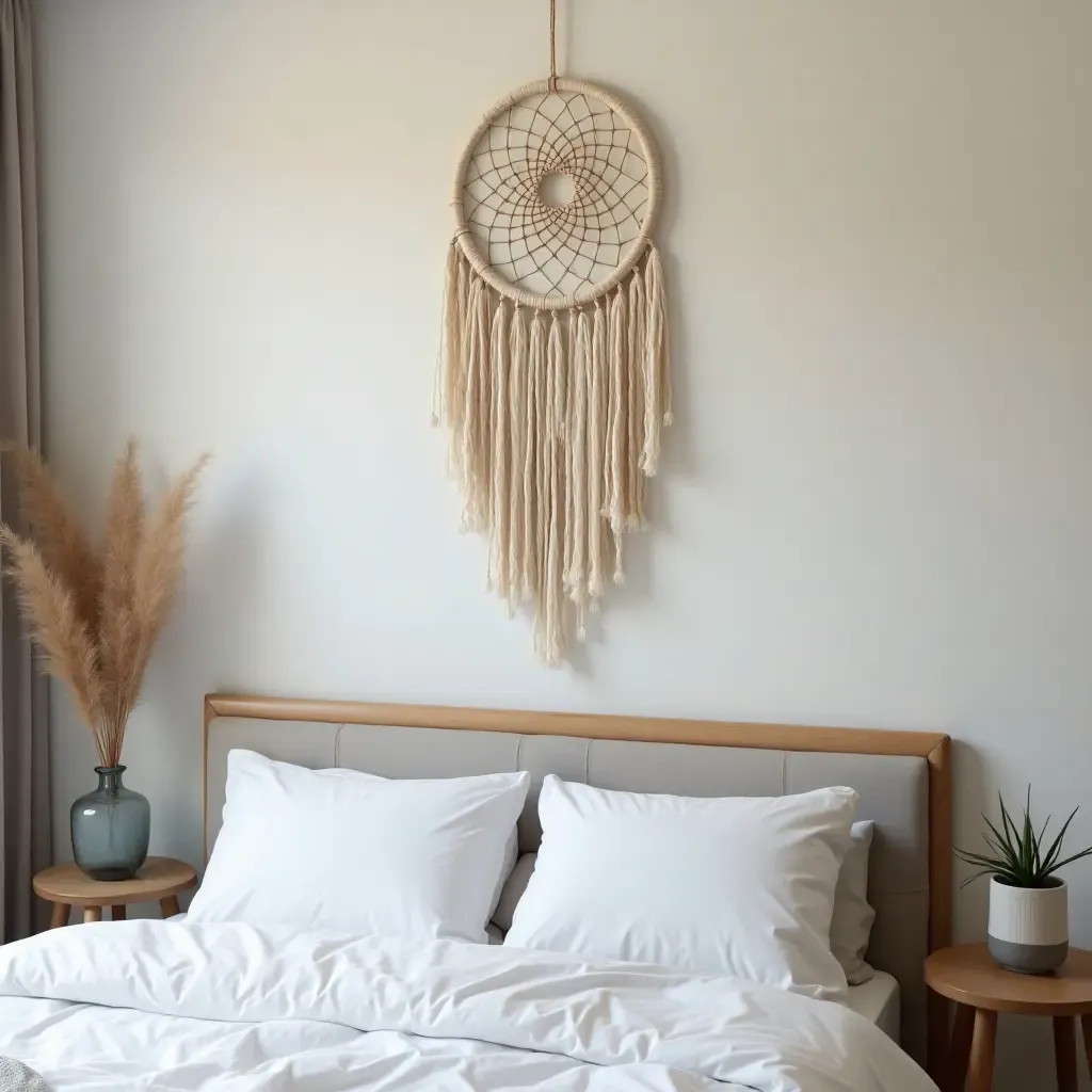 a photo of a DIY dreamcatcher hanging above a bed