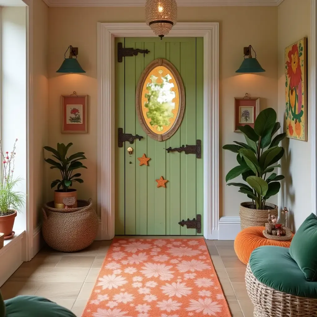 a photo of a whimsical entrance hall featuring a magical fairy door and bright accents