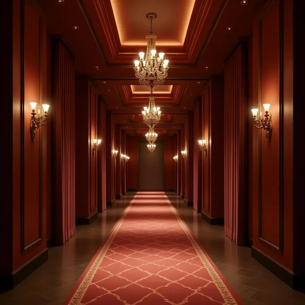 a photo of a luxurious corridor adorned with elegant chandeliers and rich fabrics