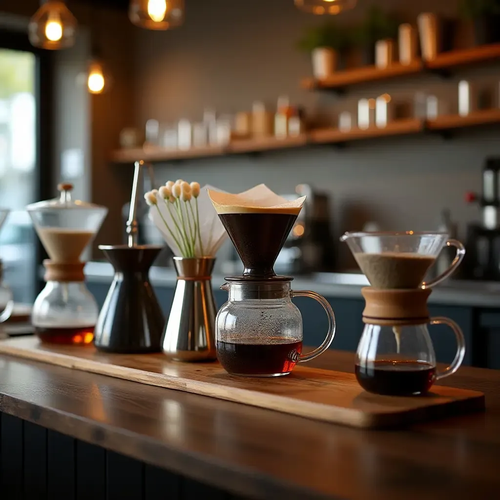 a photo of a coffee station with a variety of brewing methods showcased