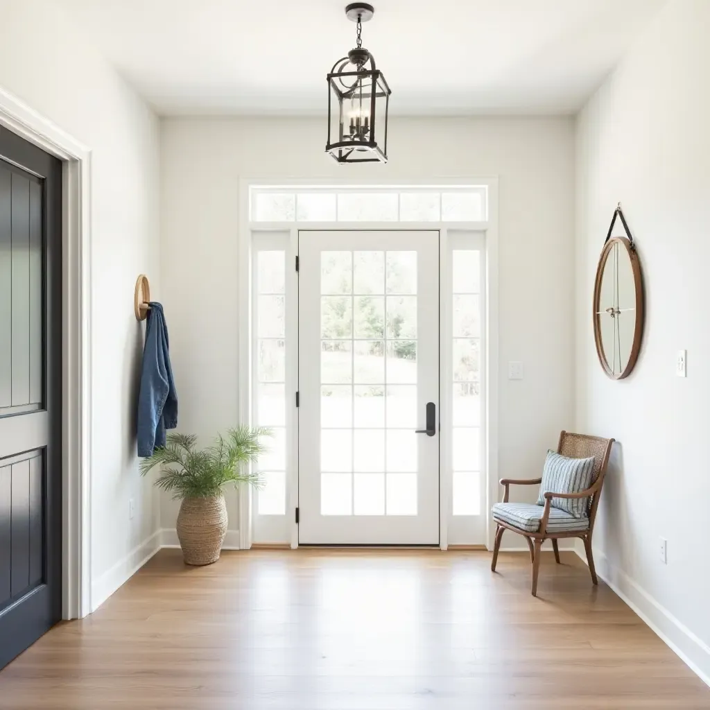 a photo of a bright and airy entryway with farmhouse-inspired decor