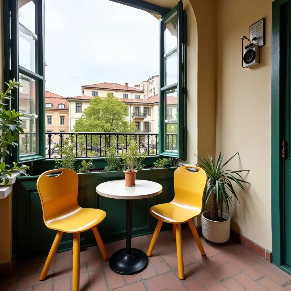 a photo of a balcony featuring a small bistro table and colorful chairs