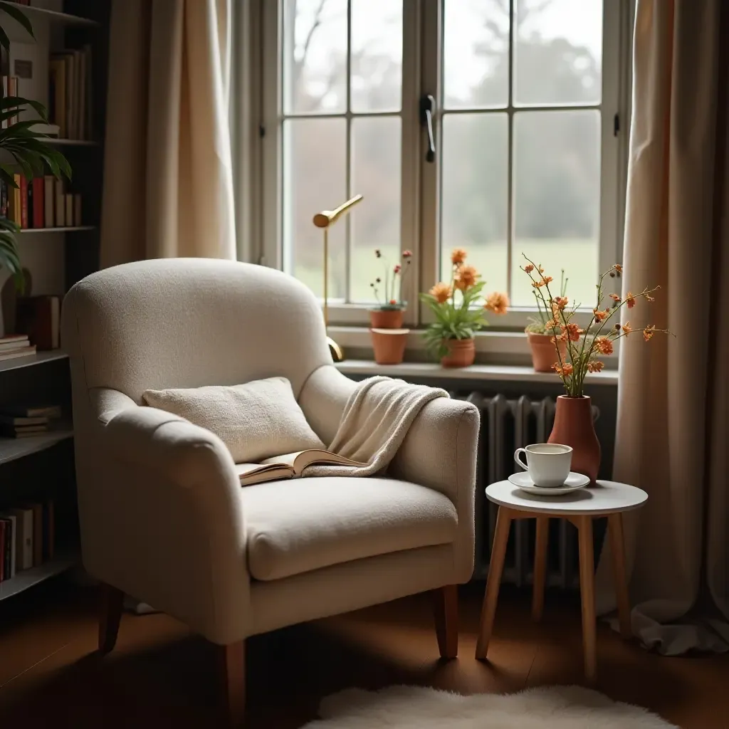 a photo of a reading nook with a soft armchair, a blanket, and a cup of tea