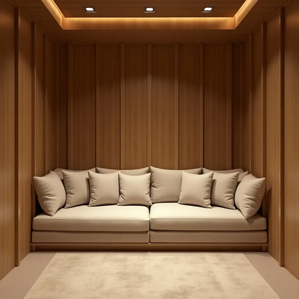 a photo of a basement with wooden paneling and soft cushions