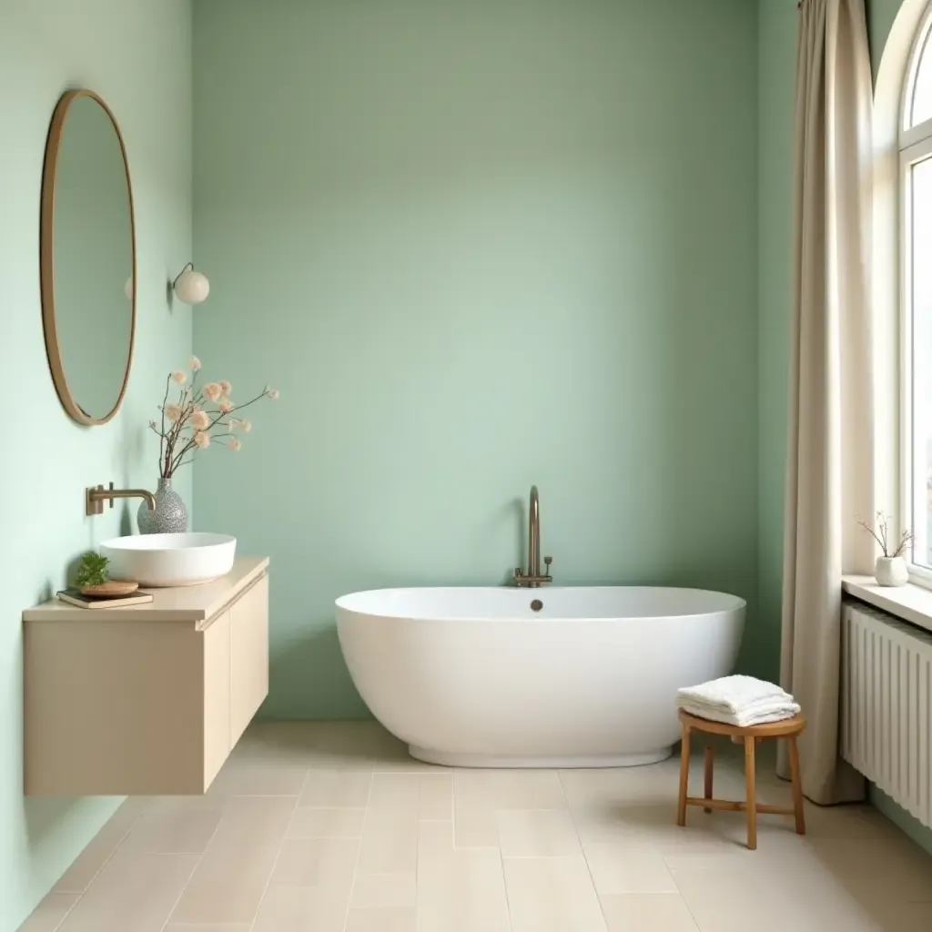 a photo of a calming seafoam green and sandy beige bathroom