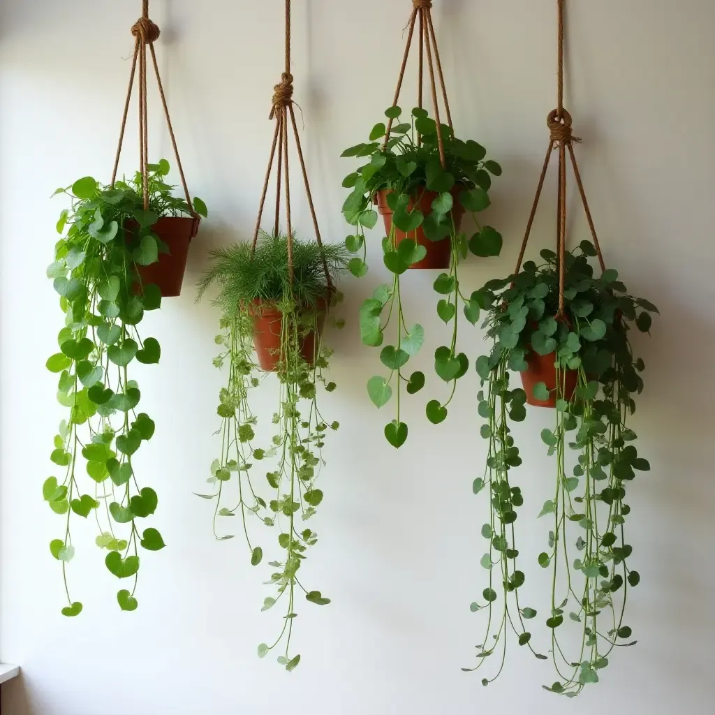 a photo of a nature-inspired wall with hanging plants