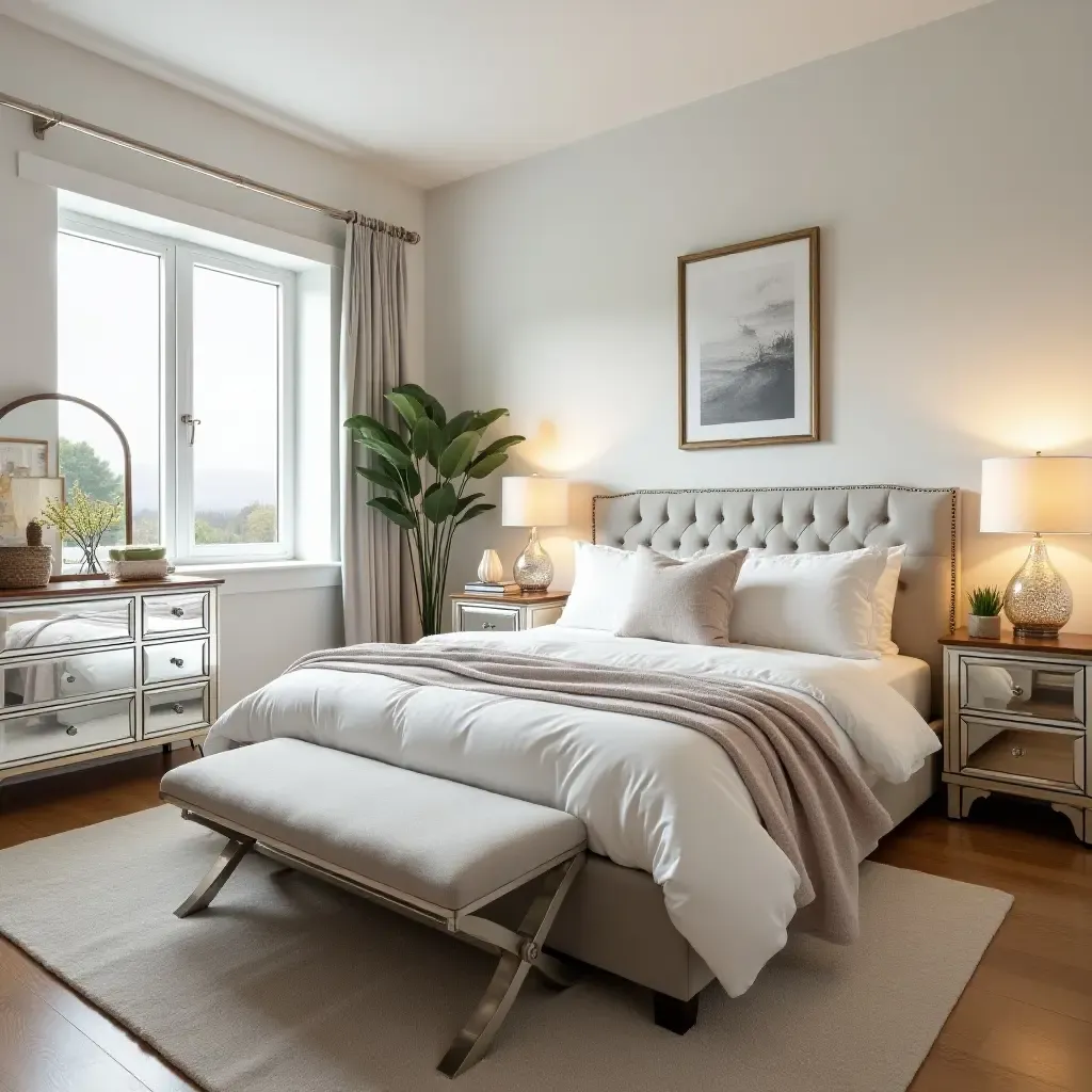 a photo of a cozy bedroom featuring mirrored furniture and bright decor