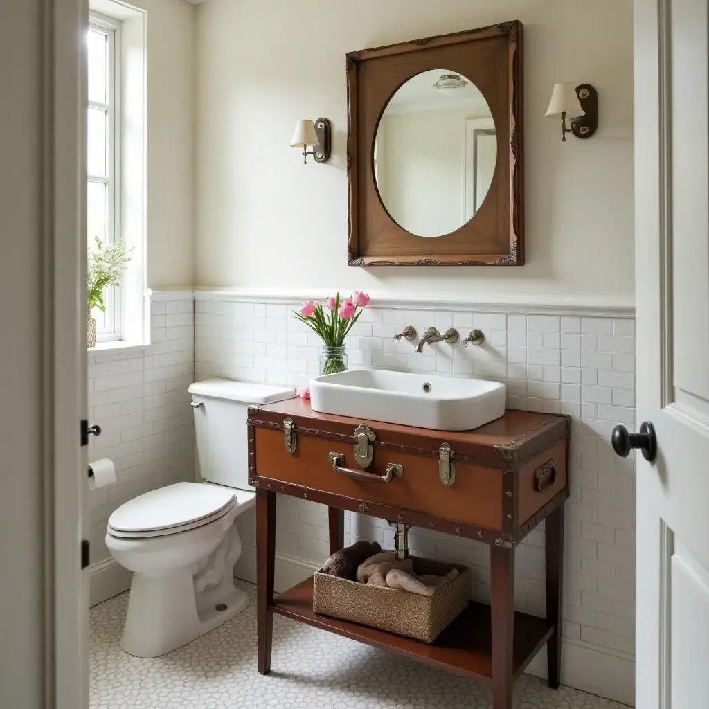 a photo of a bathroom showcasing a vintage suitcase for storage