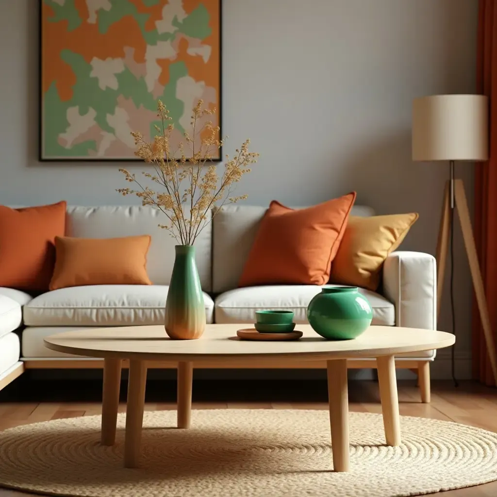 a photo of a stylish coffee table adorned with burnt orange and green accessories