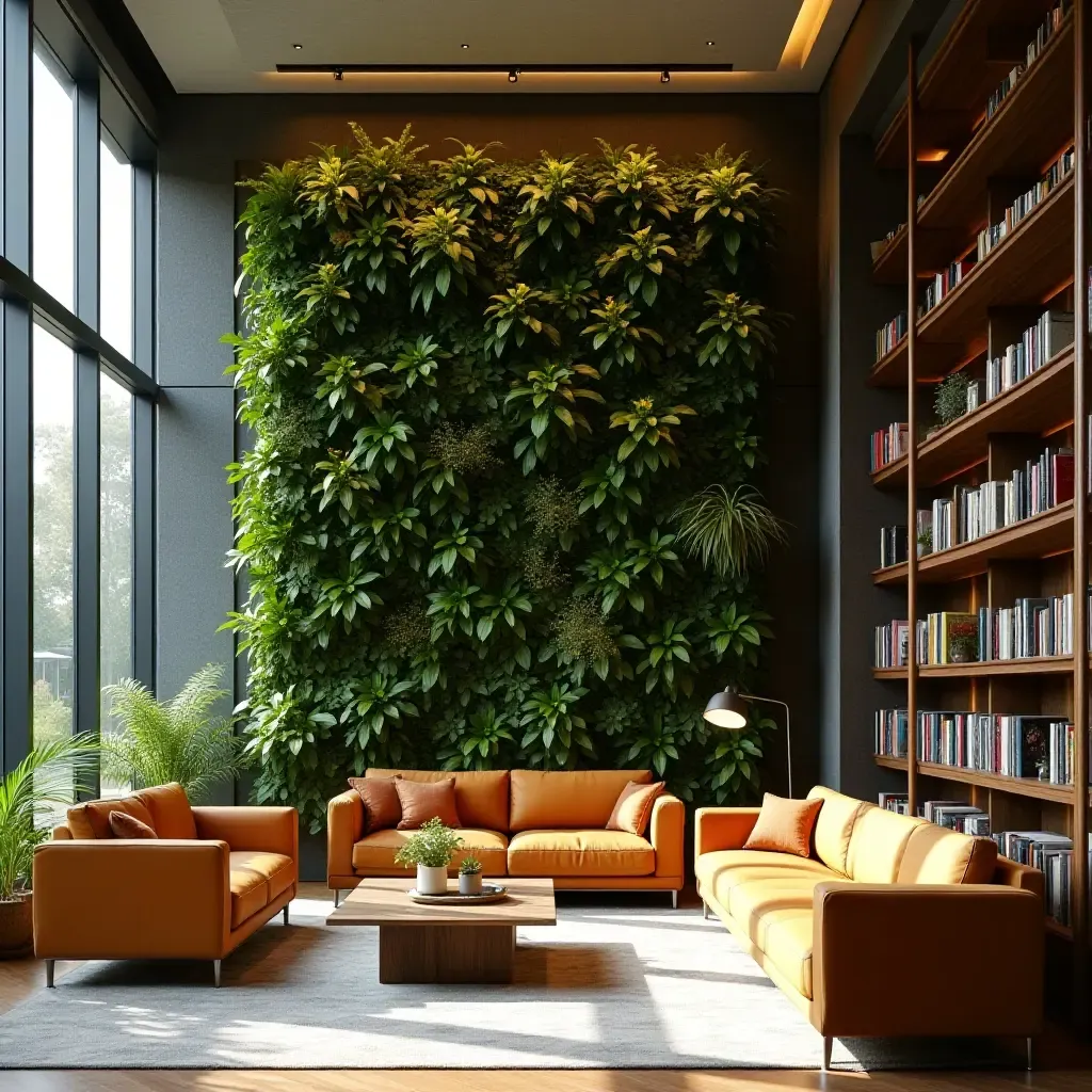 a photo of a modern library with a vertical garden wall