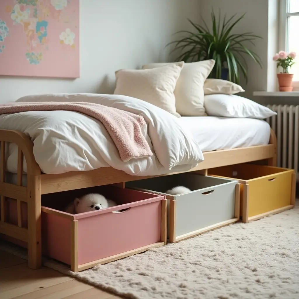 a photo of a stylish under-bed storage solution with colorful bins