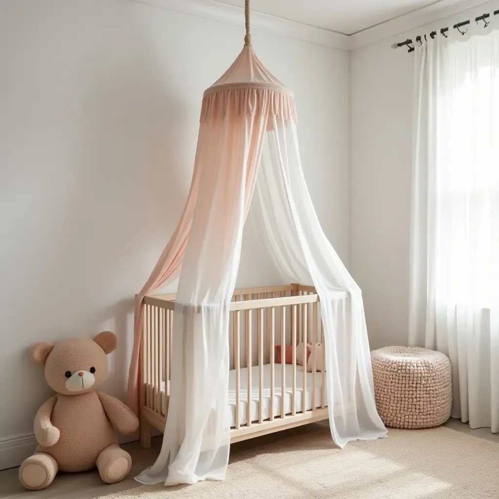 a photo of a charming nursery featuring a patchwork canopy for a crib