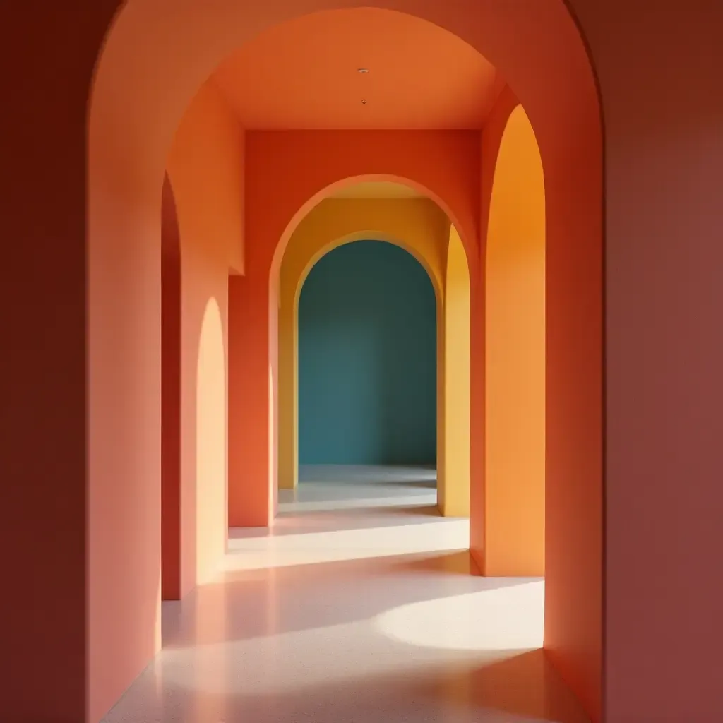 a photo of a narrow corridor featuring a pop of color