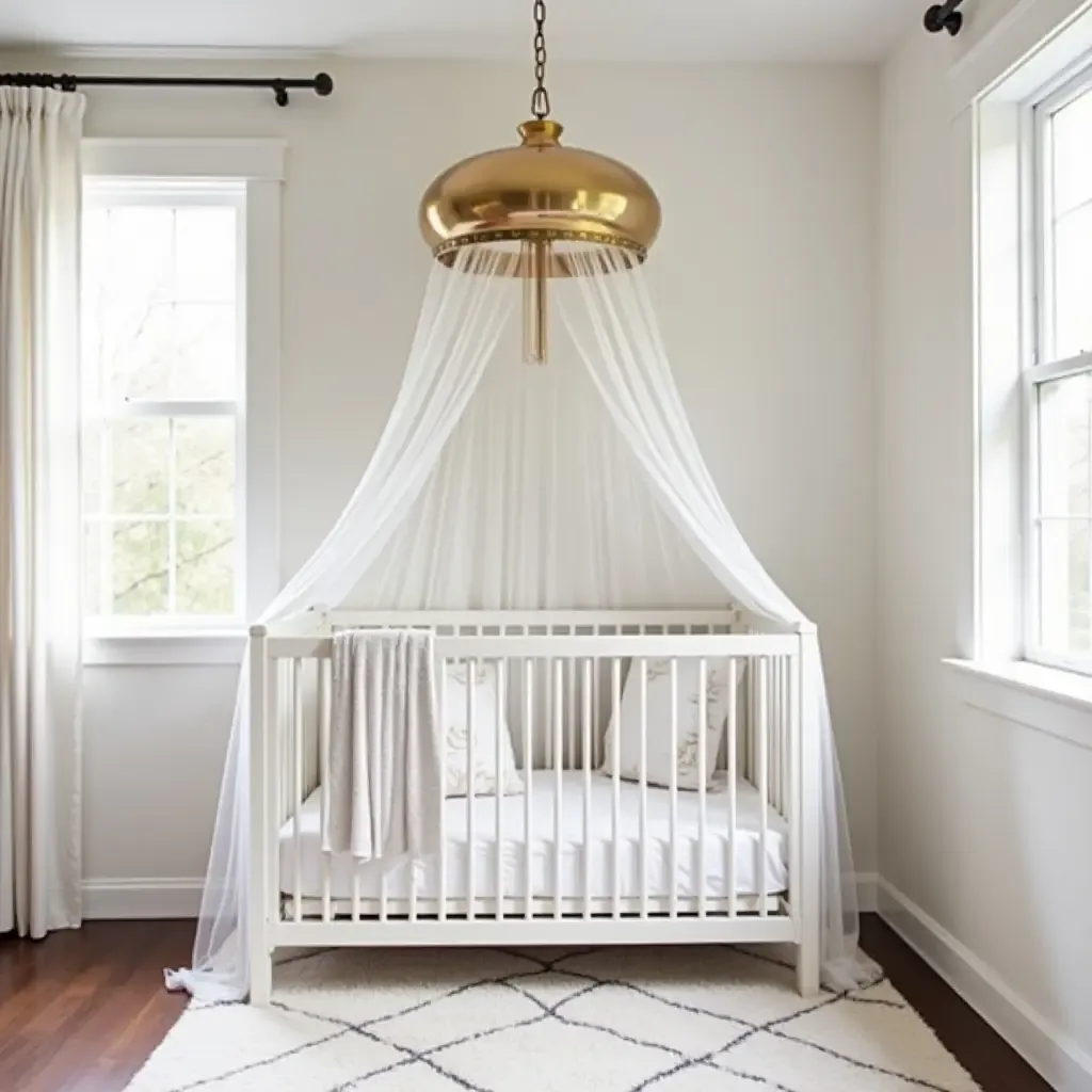 a photo of a chic nursery with a metallic canopy above a crib