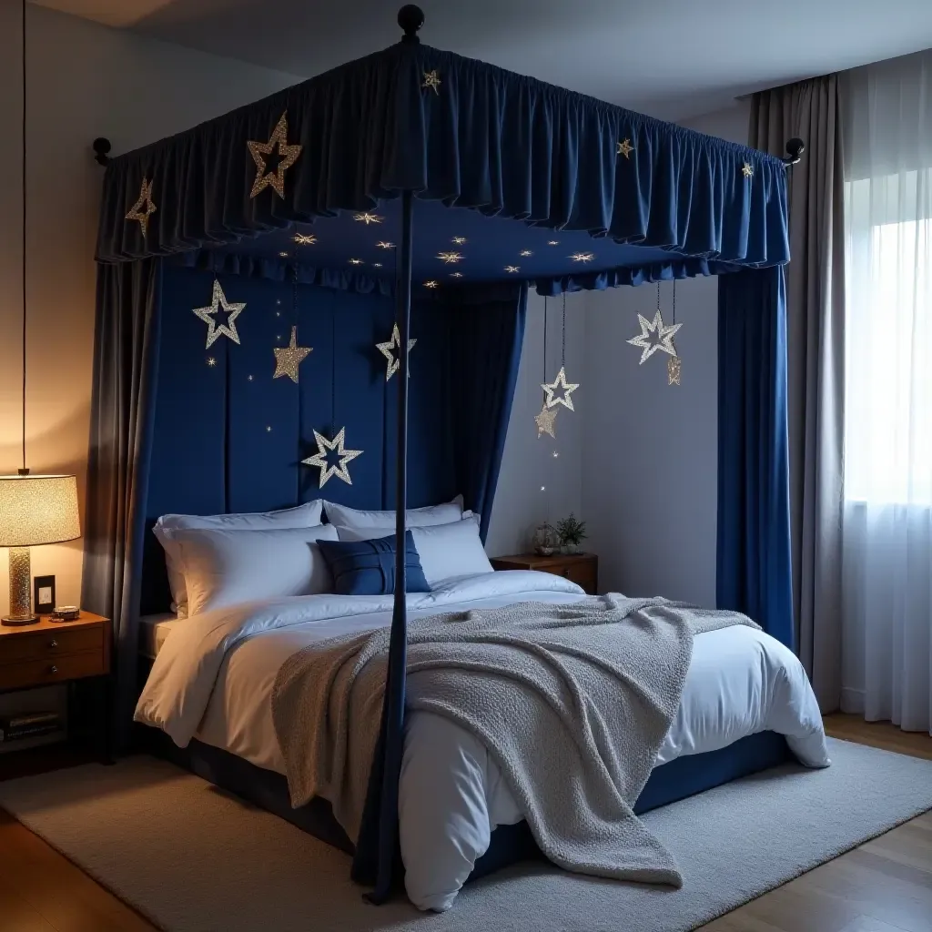 a photo of a whimsical canopy bed with a starry night theme