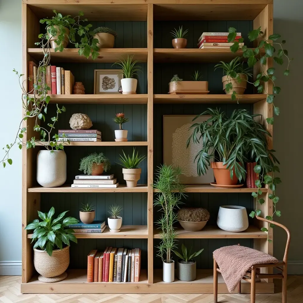 a photo of a whimsical bookshelf filled with plants and eclectic decor