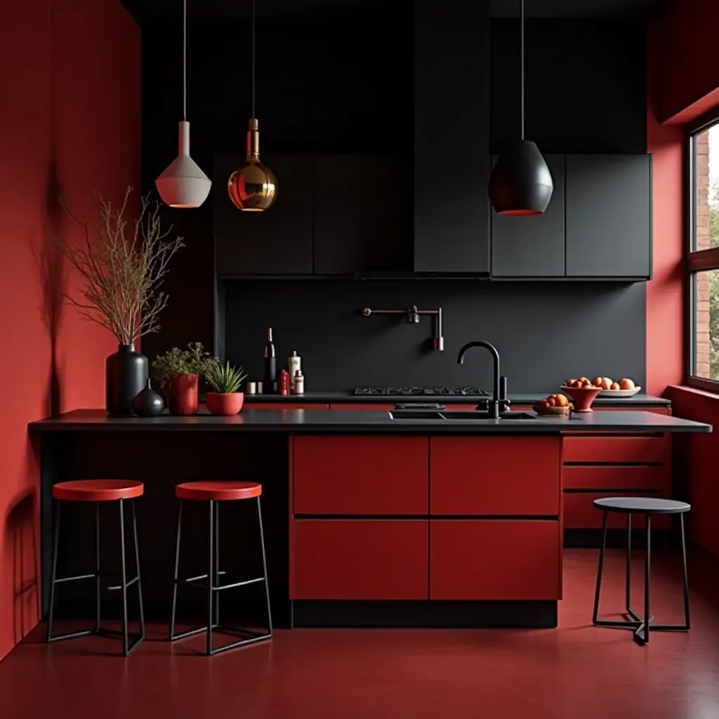 a photo of a dramatic black and red kitchen with bold accessories