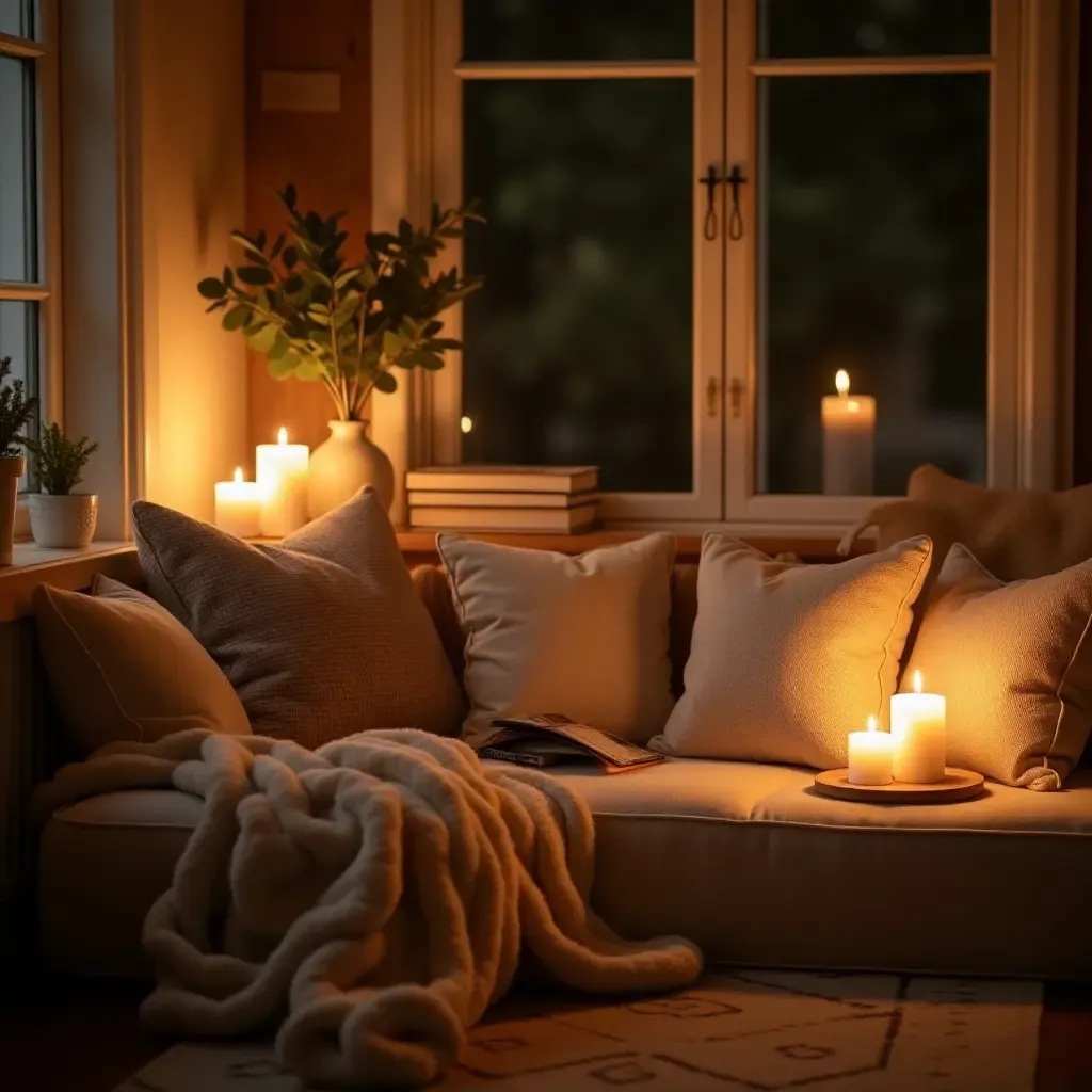 a photo of a cozy reading nook with oversized cushions and candles