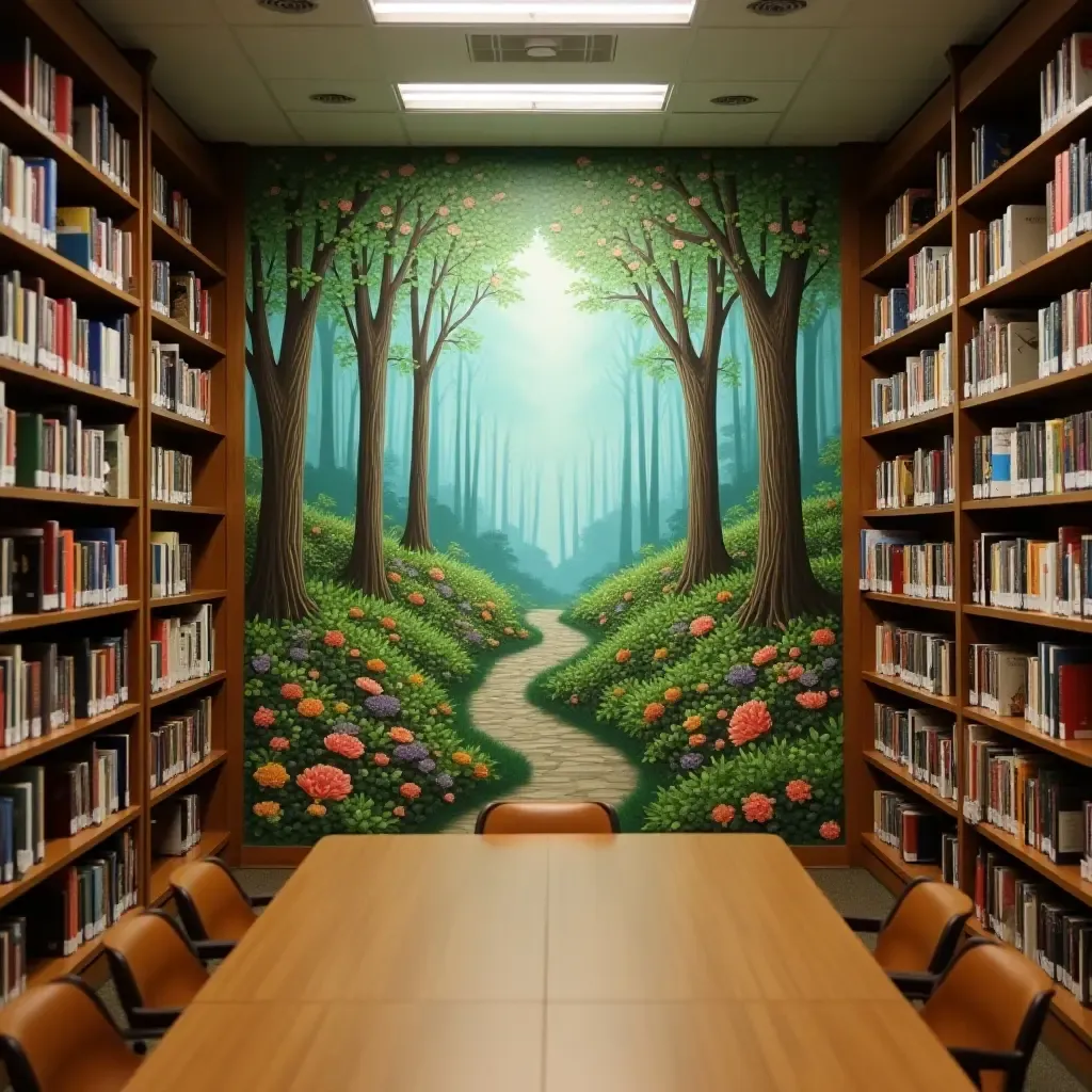 a photo of a library with a whimsical mural of a forest