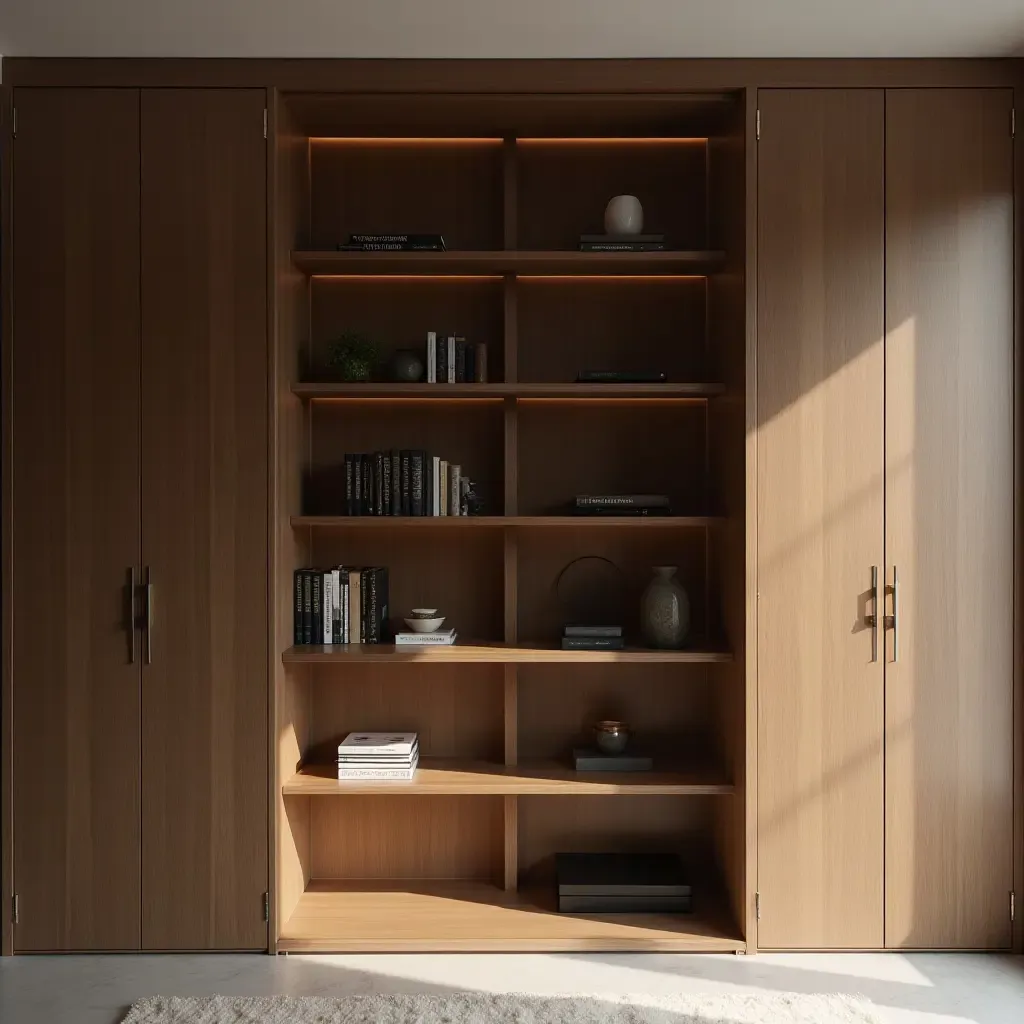 a photo of a sleek library with a hidden door for storage