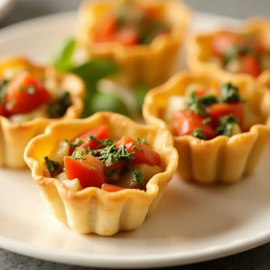 a photo of phyllo dough cups filled with colorful vegetable medley, garnished with herbs.