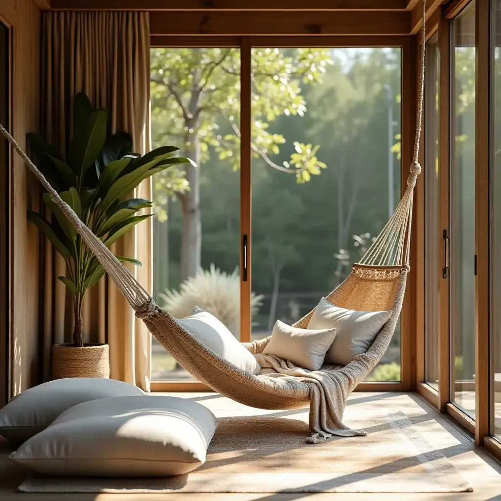 a photo of a serene reading area with a hammock and soft cushions