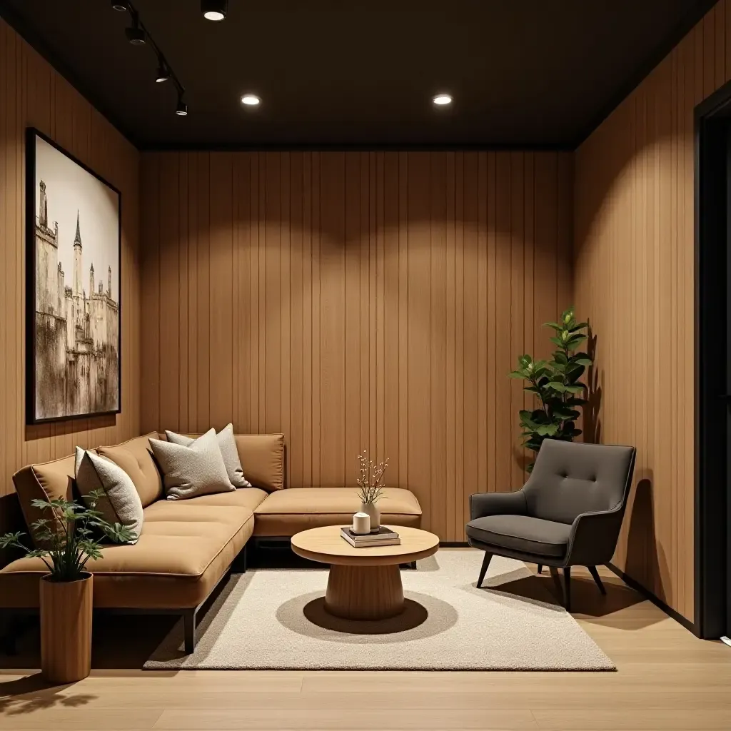 a photo of a basement with a wooden accent wall mural