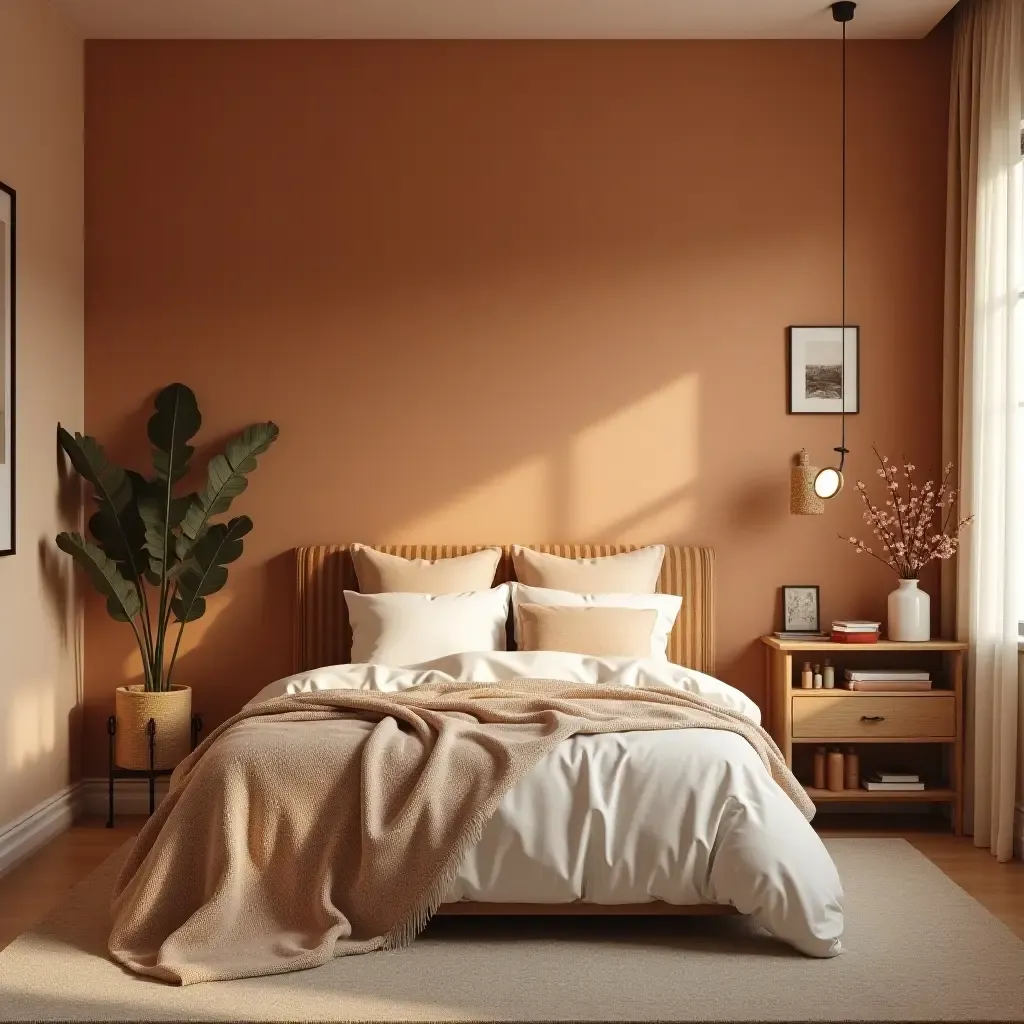 a photo of a cozy bedroom with a warm color palette