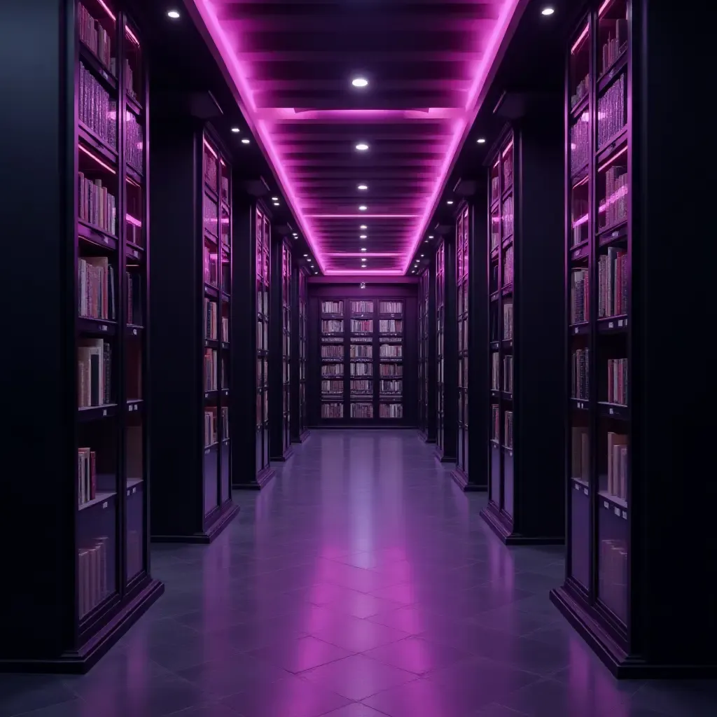 a photo of a dramatic deep purple and silver library with moody lighting