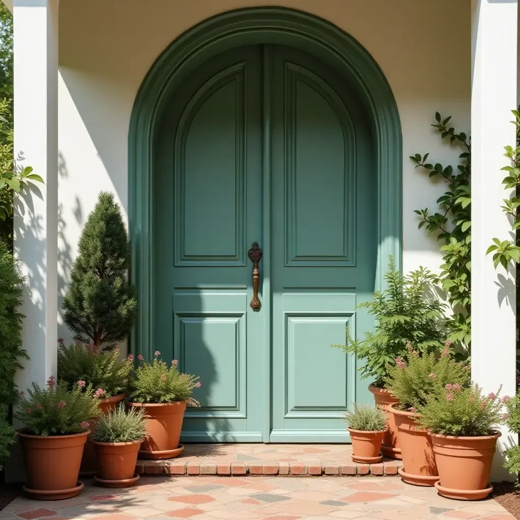 a photo of a charming entrance with a collection of vintage plant pots